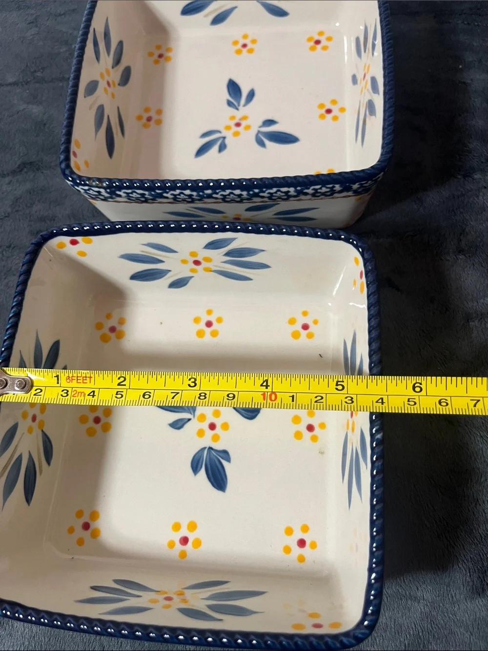 Temptations Temp-Tations Old World  Blue  Yellow Square Ceramic Serving Bowls 2